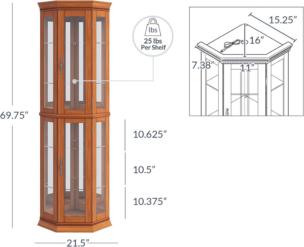 BELLEZE Lighted 3-Side Glass Display Curio Cabinet w/Tempered Glass Doors and Shelves, Accent Wooden Corner Cabinet with Bulb, Corner Storage Decoration Rack for Living Room