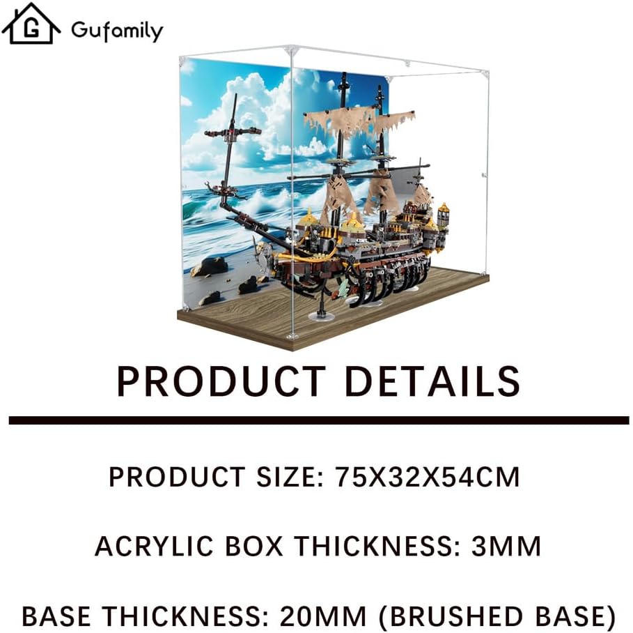 Acrylic Display case Designed for Lego 71042 Silent Mary Pirate Ship Model – Clear Dustproof Cover – 3mm Thick Acrylic Material – 2cm Raised Base – (Bricks Not Included)
