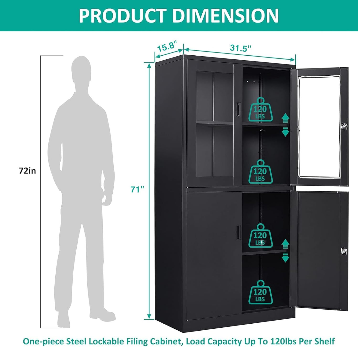 SISESOL Display Cabinet with Glass Doors and Lock,Black Metal Storage Cabinet,Freestanding Locking Kitchen Pantry Cabinets with Doors and Shelves for Home Office,Pantry,Kitchen Bathroom