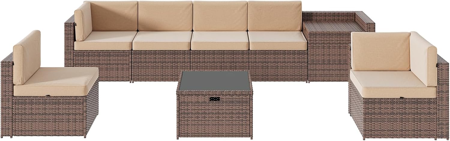 Aoxun 8-Piece Patio Furniture Set, Wicker Outdoor Sectional Sofa with Large Storage Table & Waterproof Cover, Patio Conversation Set for Backyard and Garden (Brown/Khaki)