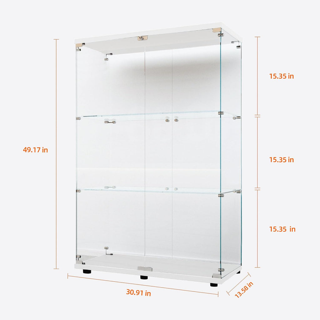 Glass Display Cabinet with LED Lights Elegant Double Doors 3 Shelves Glass Curio Cabinet with Lock 49.3' High Glass Curio Display Cabinet Showcase for Living Room,Bedroom,White