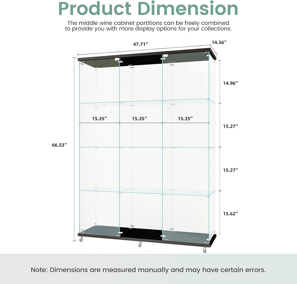 Beauty4U Glass Display Cabinet with 12 Shelves, Extra Large 3 Columns 2 Doors Curio Cabinets for Living Room, Bedroom, Office, Black Floor Standing DIY Glass Bookshelf, Quick Installation