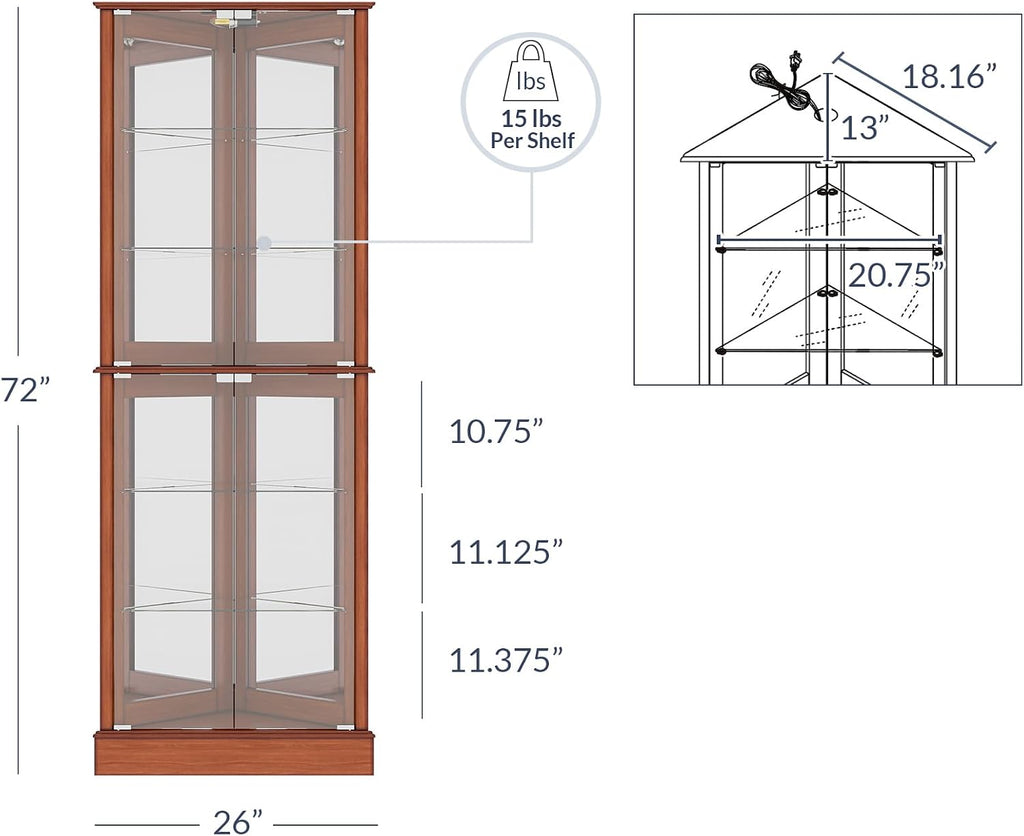 BELLEZE Lighted Corner Display Curio Cabinet Wooden Shelving Unit with Tempered Glass Door, Bar and Liquor Storage Area with 6 Shelves - Woody (Oak)