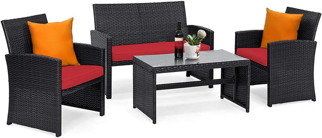 Tangkula Patio Wicker Conversation Furniture Set, Patiojoy Sofa & Table Set w/4 Seats, Outdoor Rattan Sofa Set for Balcony Backyard, Wicker Chair Set with Tempered Glass Coffee Table (1, Red)