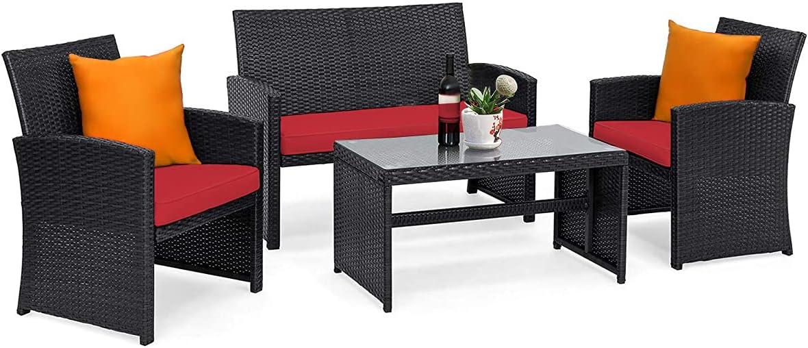 Tangkula Patio Wicker Conversation Furniture Set, Patiojoy Sofa & Table Set w/4 Seats, Outdoor Rattan Sofa Set for Balcony Backyard, Wicker Chair Set with Tempered Glass Coffee Table (1, Red)