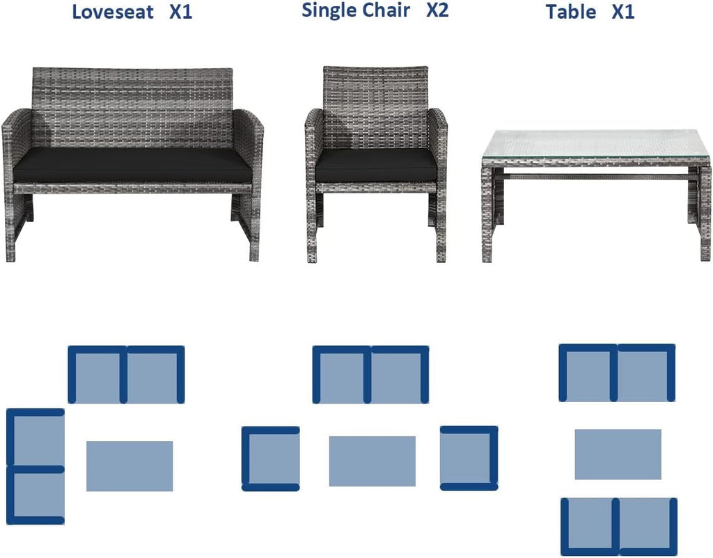 Tangkula 4 PCS Wicker Patio Conversation Set, Outdoor Rattan Sofas with Table Set, Patio Furniture Set with Soft Cushions & Tempered Glass Coffee Table for Poolside Balcony