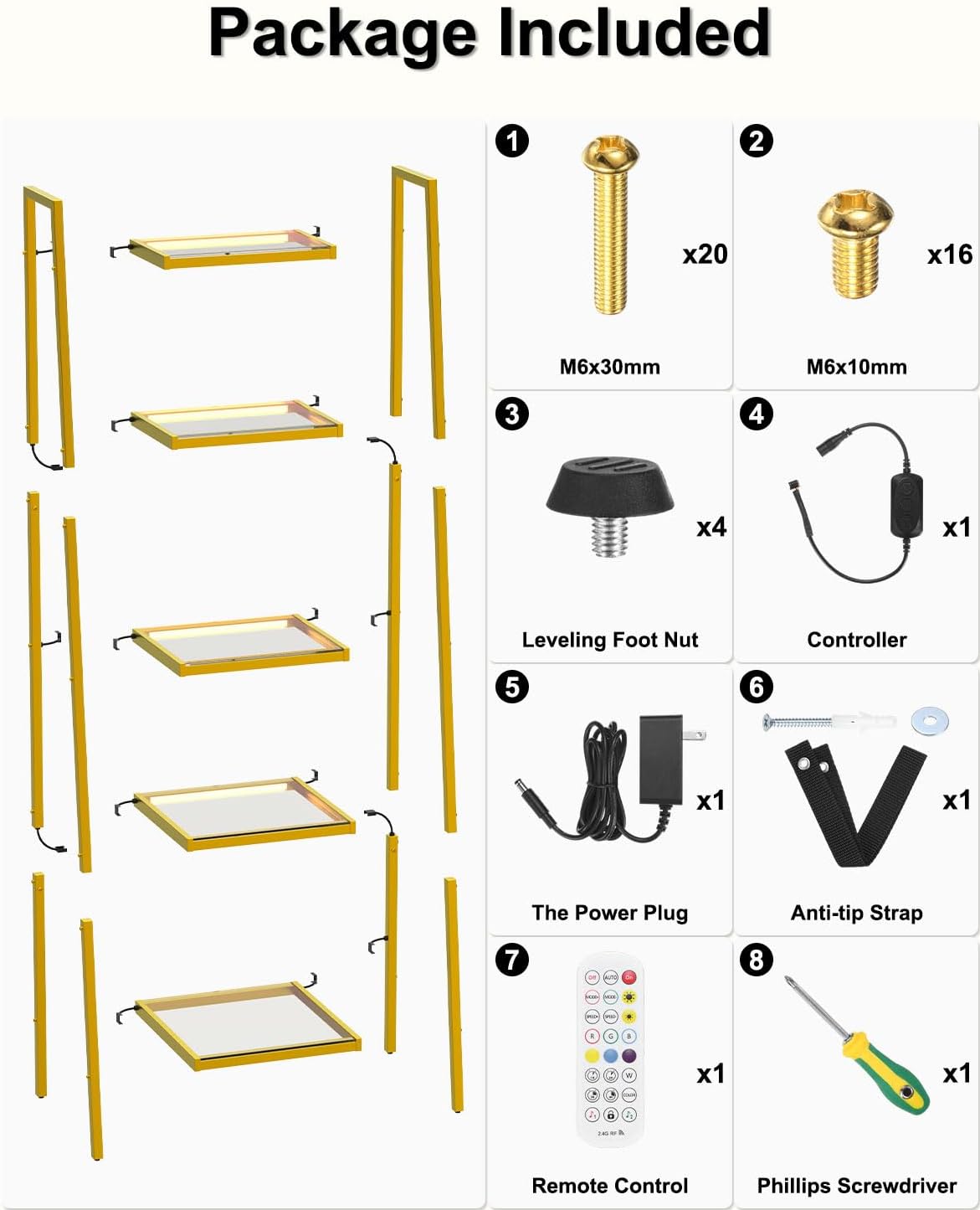 5-Tier Glass Display Shelf with RGB Light, 67' Ladder Bookshelf, Music Sync & 3 CCT, Dimmable App/Remote, Modern Freestanding Corner Storage Rack, Metal Organizer for Living Room Home Office, Gold
