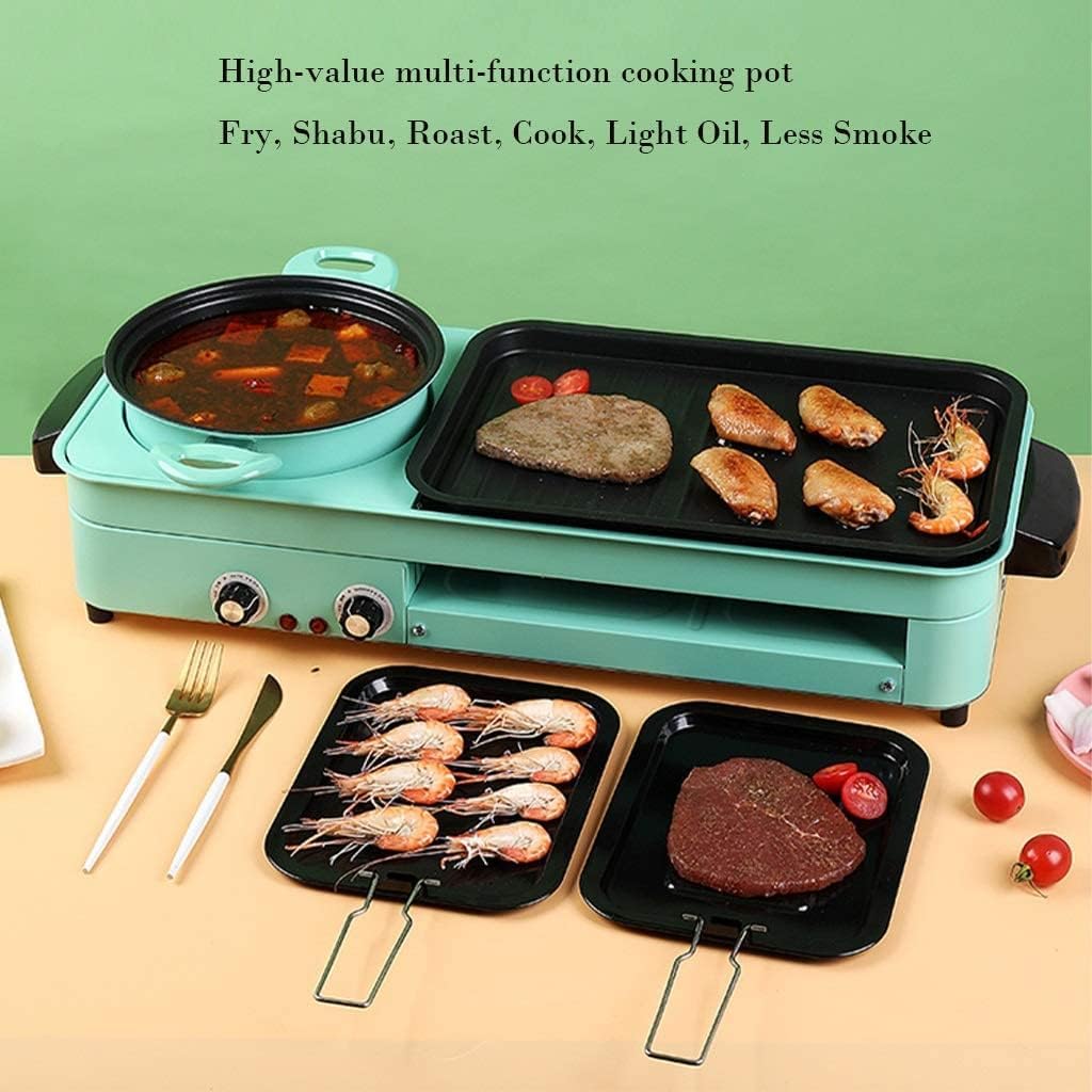 Electric BBQ Grill Indoor Electronic Smokeless Grill Indoor Non Stick Pan Electric Barbecue Grill with Hot Pot 2 In 1 Large Capacity Household Multifunctional Hotpot Grill