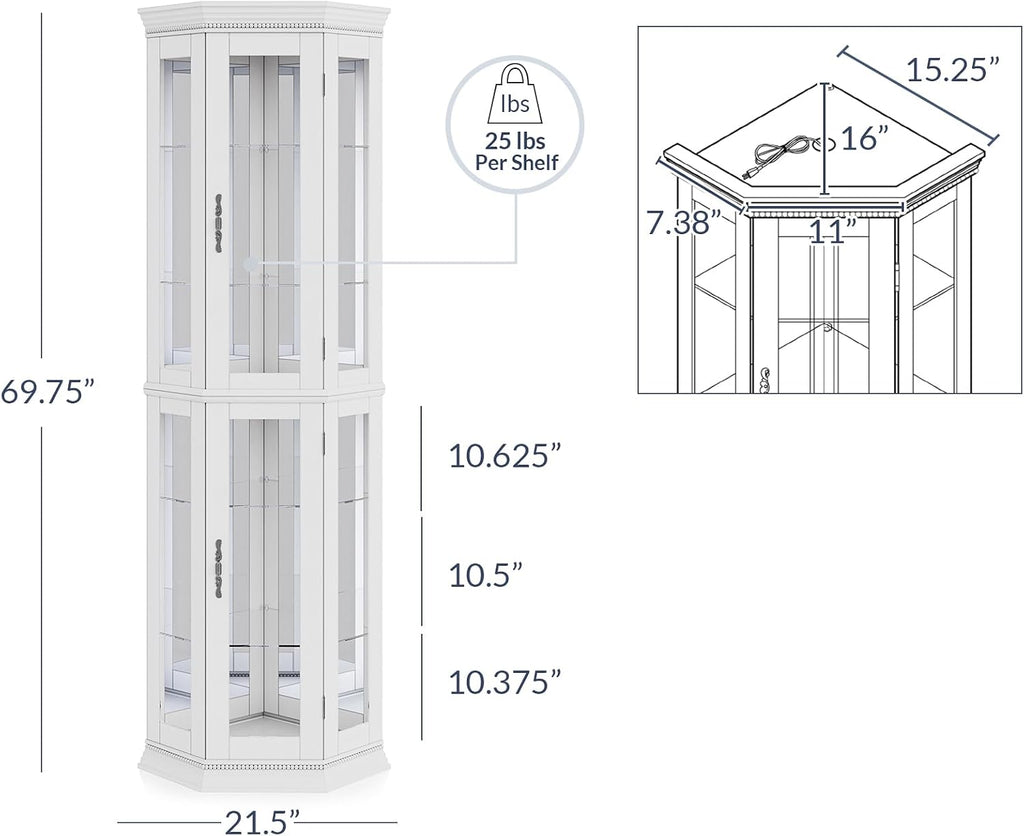 BELLEZE Lighted 3-Side Glass Display Curio Cabinet w/Tempered Glass Doors & Shelves, Accent Wooden Corner Cabinet with Bulb, Corner Storage Decoration Rack for Living Room & Bed-Room Corona (White)