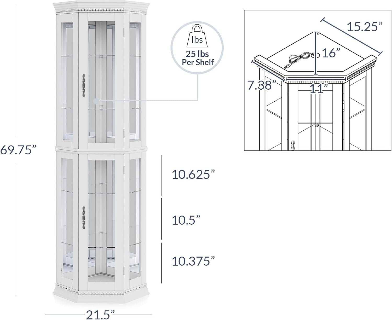 BELLEZE Lighted 3-Side Glass Display Curio Cabinet w/Tempered Glass Doors & Shelves, Accent Wooden Corner Cabinet with Bulb, Corner Storage Decoration Rack for Living Room & Bed-Room Corona (White)
