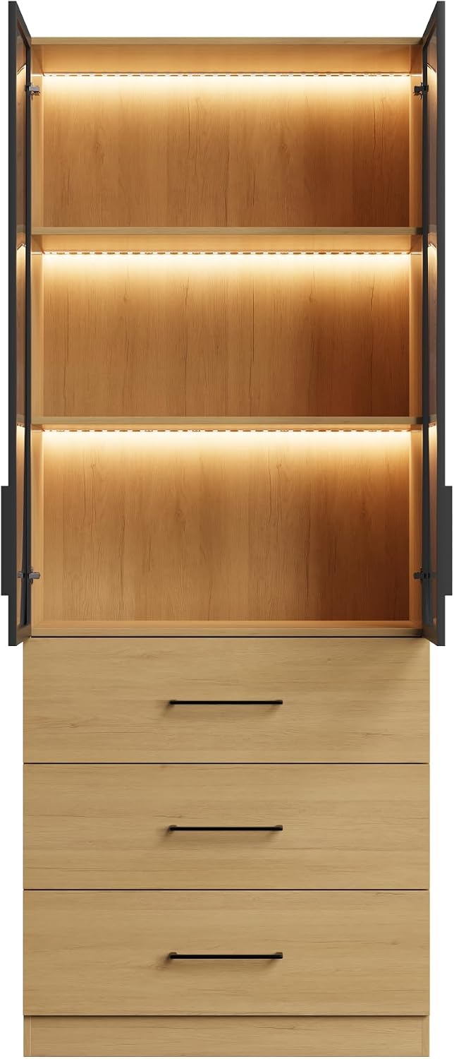 Bobve 78.7' Oak Display Cabinet with 3 Drawers, 3-Tier Storage Cabinet with APP Control LED Lights, Tall Bookcasse Storage Cabinet, LED Display Case for Collectible, Living Room, Office, Kitchen