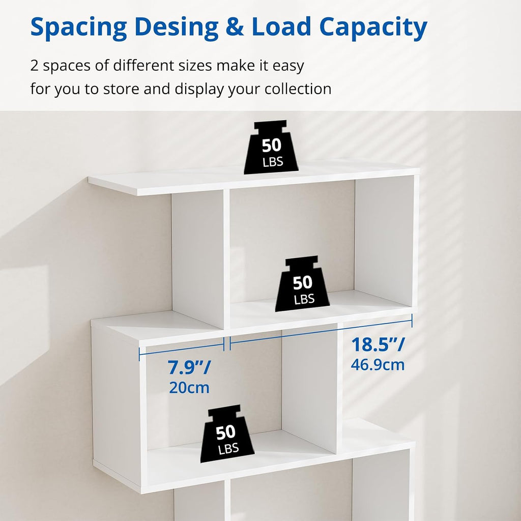 Cozy Castle Set of 2 Geometric Bookcase, S-Shaped Modern Bookshelf, Room Divider Bookshelf, 62' Tall Unique Abstract Bookcase with 5-Tier Display Shelf for Living Room Office, White