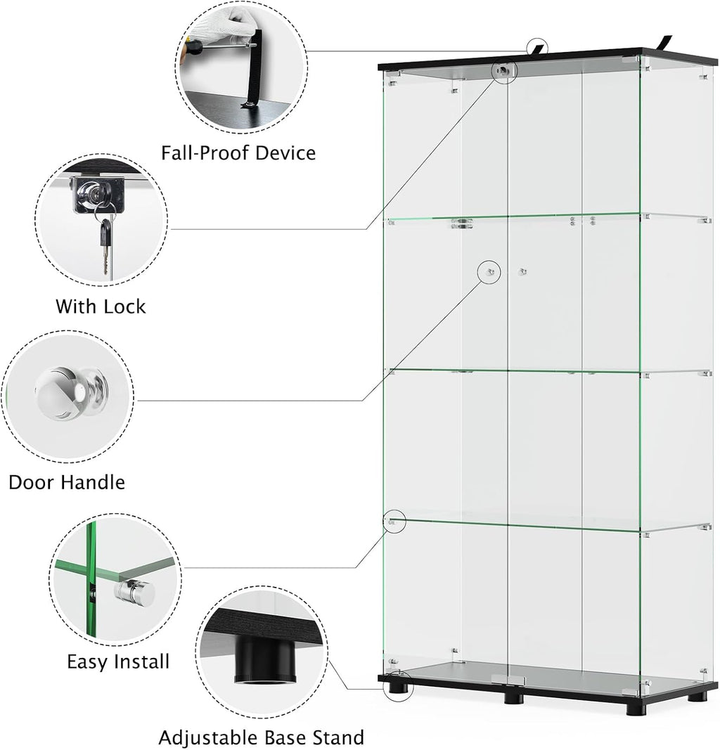 ROOMTEC Glass Display Cabinet with 4 Shelves, Double Doors, Floor Standing Display Cage, for Living Room Bedroom Office, 64 x 31.7 x 14.3 in, Black