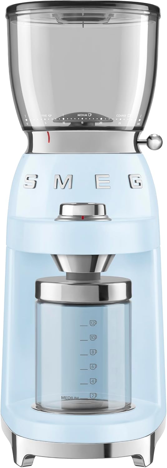 SMEG CGF11 Retro-Style Coffee Grinder – Burr Mill with 30 Grind Settings, Stainless Steel Conical Burrs, Removable Hopper – Precision Countertop Grinder for Espresso, Drip, French Press-Pastel Blue