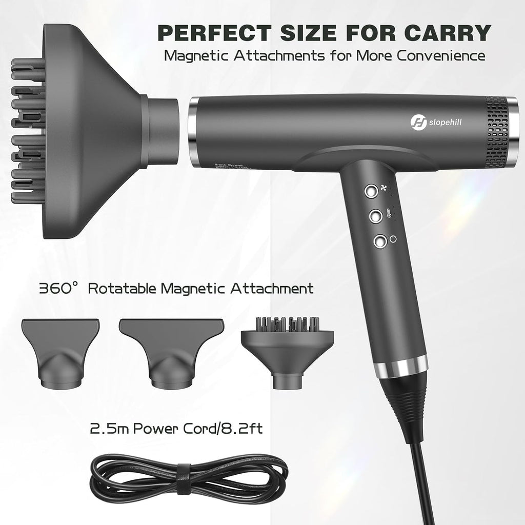 slopehill Professional Ionic Hair Dryer with Diffuser - Lightweight, Compact, Powerful & Fast Salon Blow Dryer with High Speed Brushless Motor for Travel, Women & Men (Ceramic, Dark)