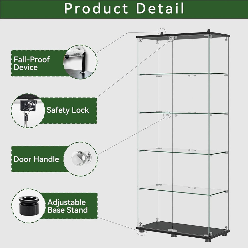 Glass Display Cabinet with 5-Shelf Double Doors and Lock, 5mm Tempered Glass Floor Standing Bookshelf for Living Room, Bedroom, Office, 72 x 32 x 14 in, Black