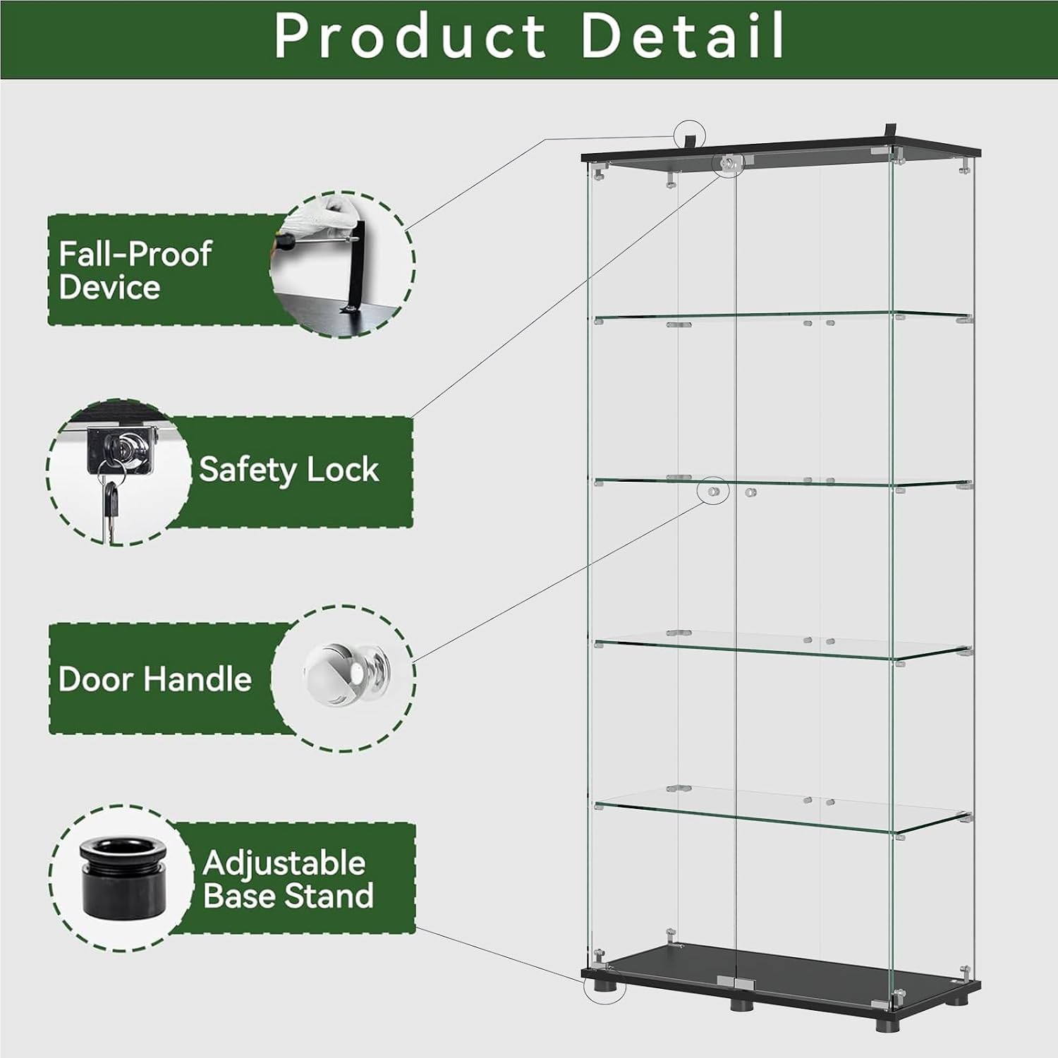 Glass Display Cabinet with 5-Shelf Double Doors and Lock, 5mm Tempered Glass Floor Standing Bookshelf for Living Room, Bedroom, Office, 72 x 32 x 14 in, Black