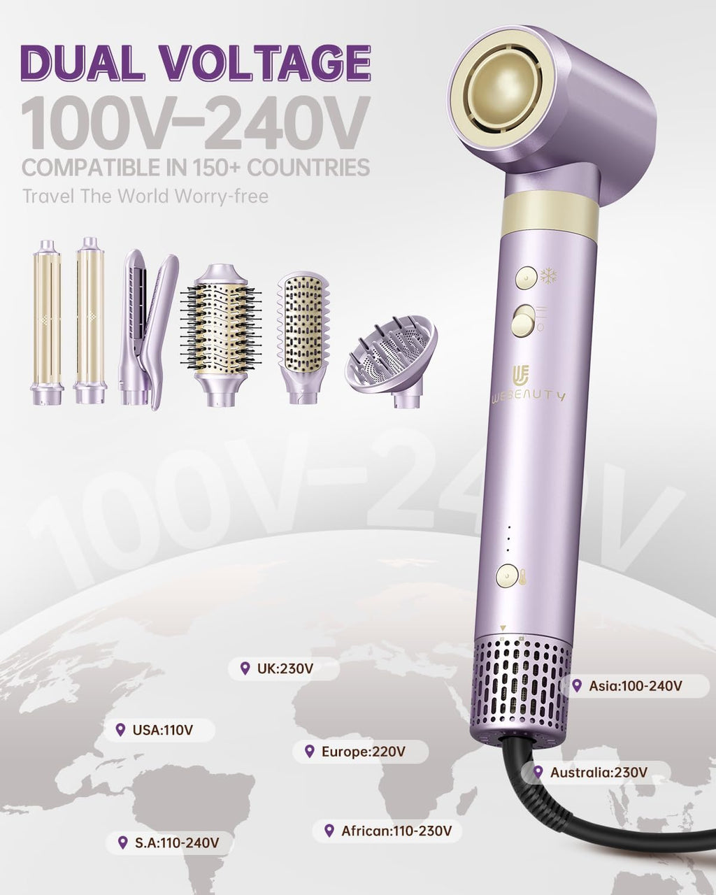 Hair Dryer Brush 8-in-1 Dual Voltage Hot Air Styler – Fast-Drying 110,000 RPM Ionic Blow Dryer with Straightener & Curler Attachments, Frizz-Free Volumizing Styler with Protective Hard Case-Purple