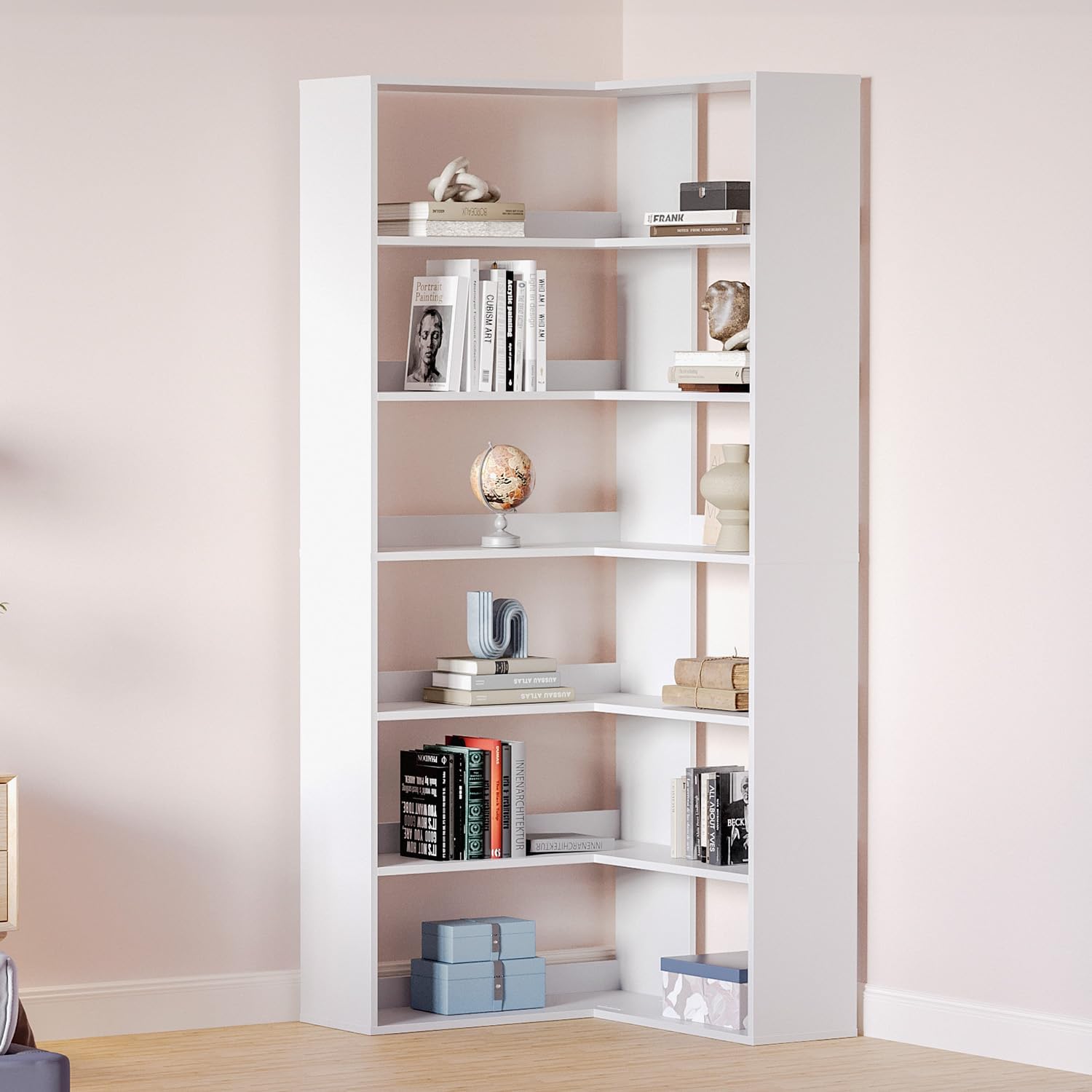 MXV 71.5' Tall L-Shaped Corner Bookshelf, 6-Tier 23.6' Wide Wooden Bookcase with Storage Organizer, Display Shelf for Home, Office, Living Room (23.6')