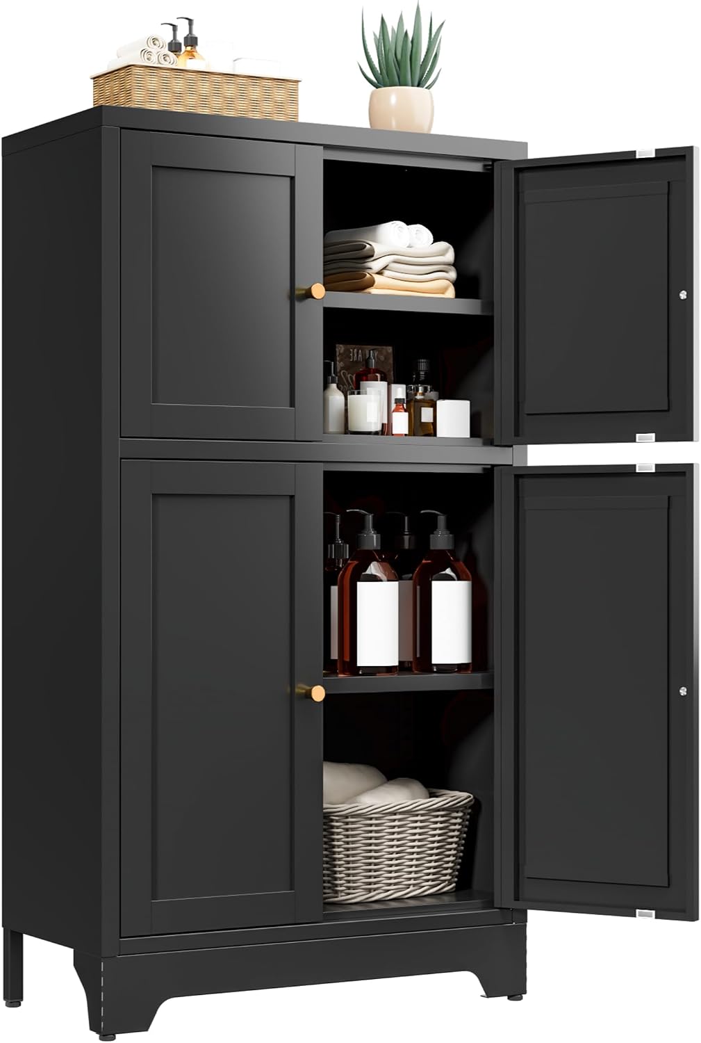 Bevivog Black Metal Locker Cabinet with 4 Doors, Metal Sideboard Cabinet Coffee Bar Storage Accent Cabinets for Home Office, Kitchen Living Room, Hallway, Entryway