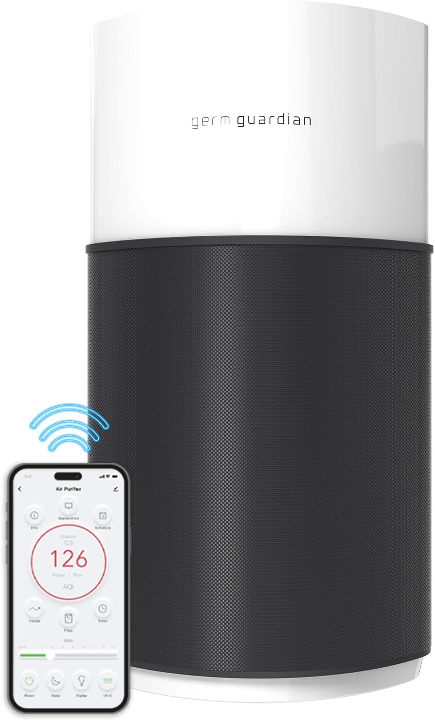 GermGuardian AirSafe+ XL Smart Air Purifier for Home 360° True HEPA Filter, UV-C, WiFi/App Enabled, Air Quality Monitor, Large Rooms Up to 1680 Sq Ft, For Smoke, Dust, Pet Dander, Black/White, AC3250