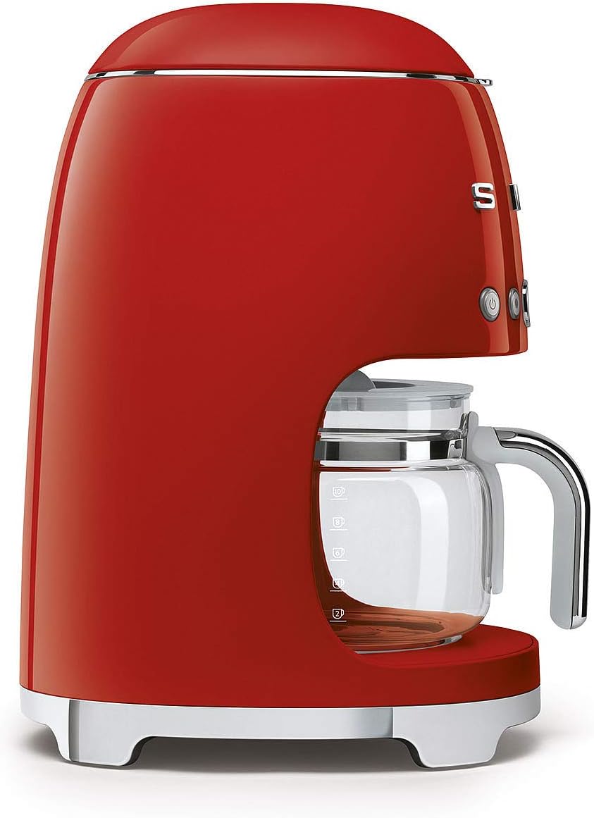 Smeg DCF02RDUK Drip Coffee Machine, Auto-Start Mode, Reuseable Filter, Digital Display, Anti-Drip System, Aroma Intensity Option, 1.4 Litre Tank, Red