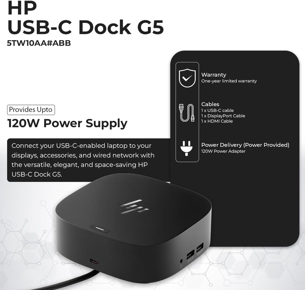 HP Docking Station for Laptop Dual Monitor and Charging Bundle - HP Dock 5TW10AA / 5TW10UT / 5TW10AA#ABB with 120W Adapter, HDMI, DisplayPort, USB-C Cables + Microfiber Cloth (Renewed)