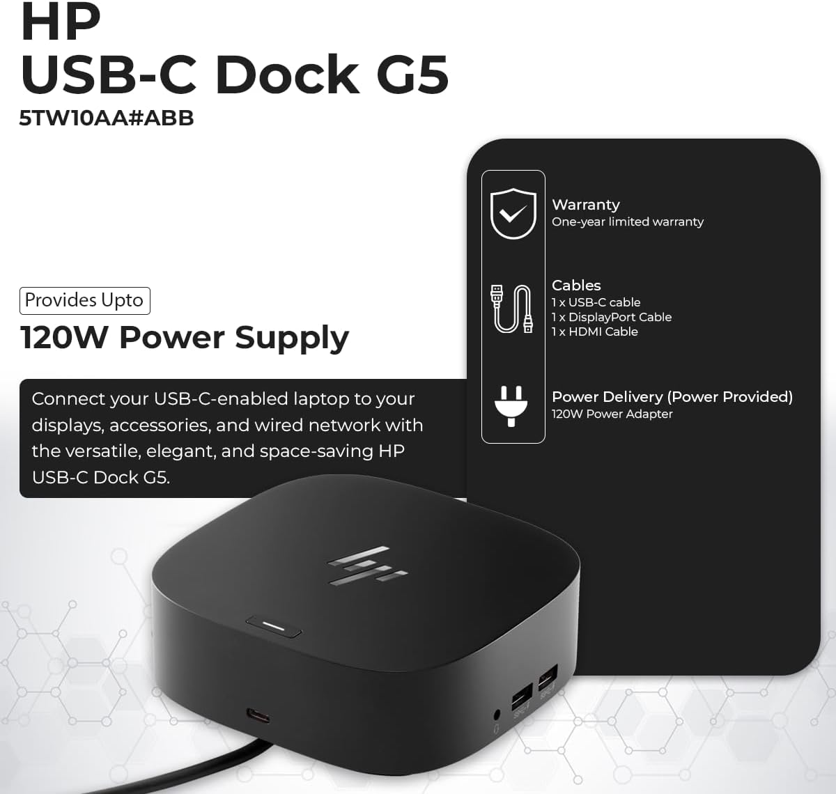 HP Docking Station for Laptop Dual Monitor and Charging Bundle - HP Dock 5TW10AA / 5TW10UT / 5TW10AA#ABB with 120W Adapter, HDMI, DisplayPort, USB-C Cables + Microfiber Cloth (Renewed)
