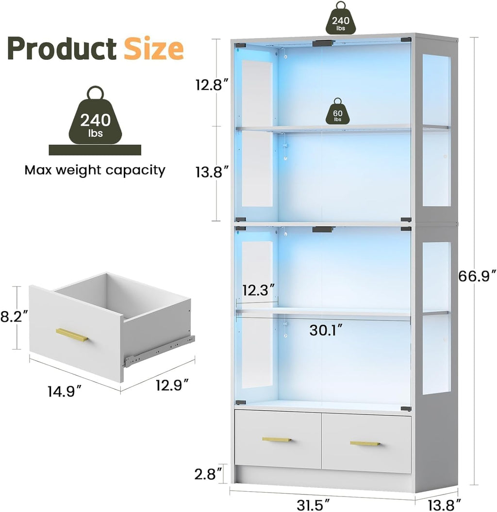 Lamtor Display Cabinet with Glass Doors - 67' Curio Cabinet for Collectibles with RGB LED Lights and 2 Drawers, 4 Tier Glass Display Case for Living Room, Office, White