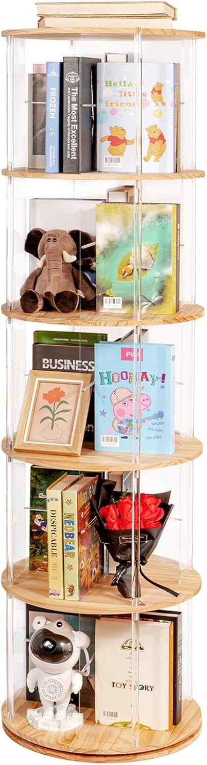 TAKEKIT 360° Rotating Bookshelf, 5-Tier Spinning Book Shelf Tower with Solid Wood & Clear Acrylic, Round Revolving Bookcase for Living Room, Bedroom and Office