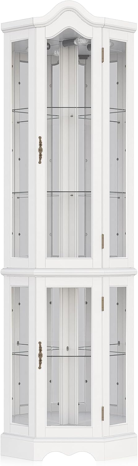 BELLEZE Lighted 3-Side Glass Display Curio Cabinet w/ Tempered Glass Doors and Shelves, Curved Wood Corner Cabinet with Bulb, Corner Storage Rack (White)