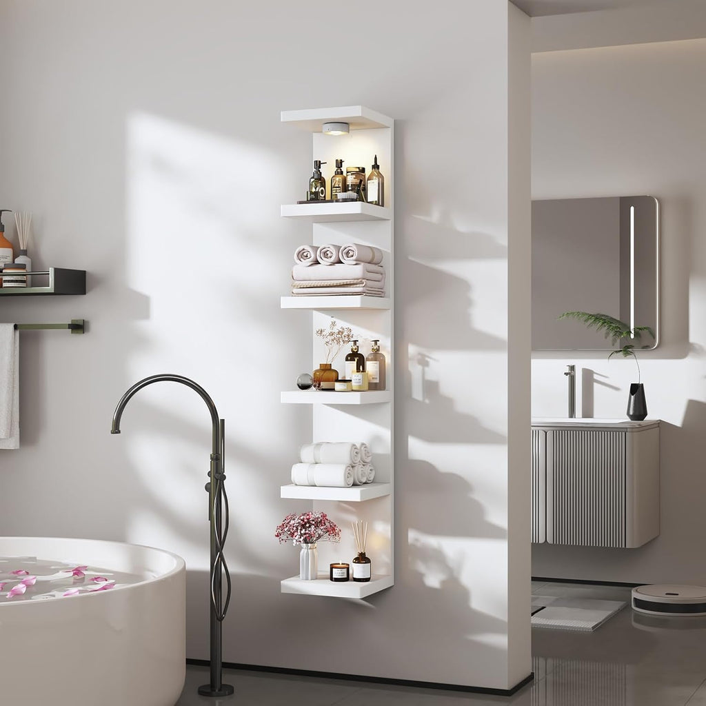 2 Pack 6-Tier Vertical Wall Shelf Unit with USB Rechargeable Led Light (Remote Controlled),Versatile Floating Display Shelves,Lack Style Wall Shelves for Bedroom,Living Room,Office Decor,Vanity-White