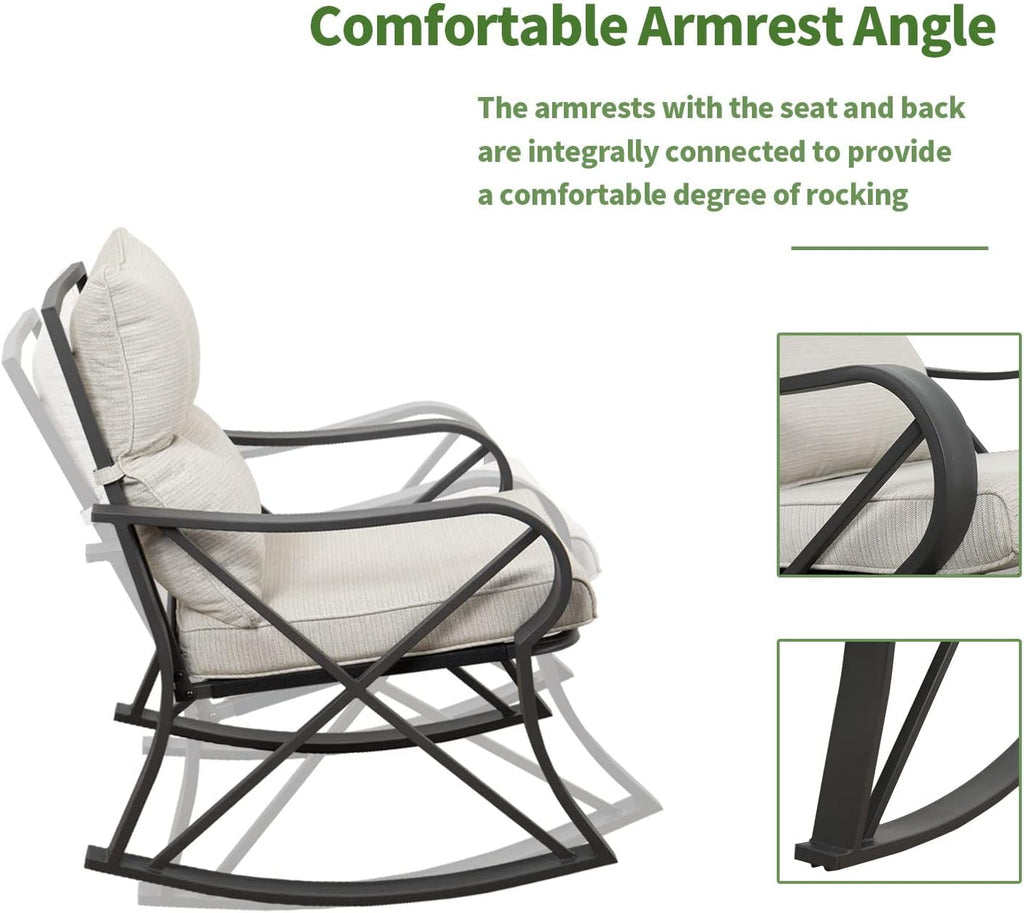 COSIEST 3 Piece Bistro Set Patio Rocking Chairs Outdoor Furniture w Beige Cushions, Glass-Top Table for Garden, Pool, Backyard