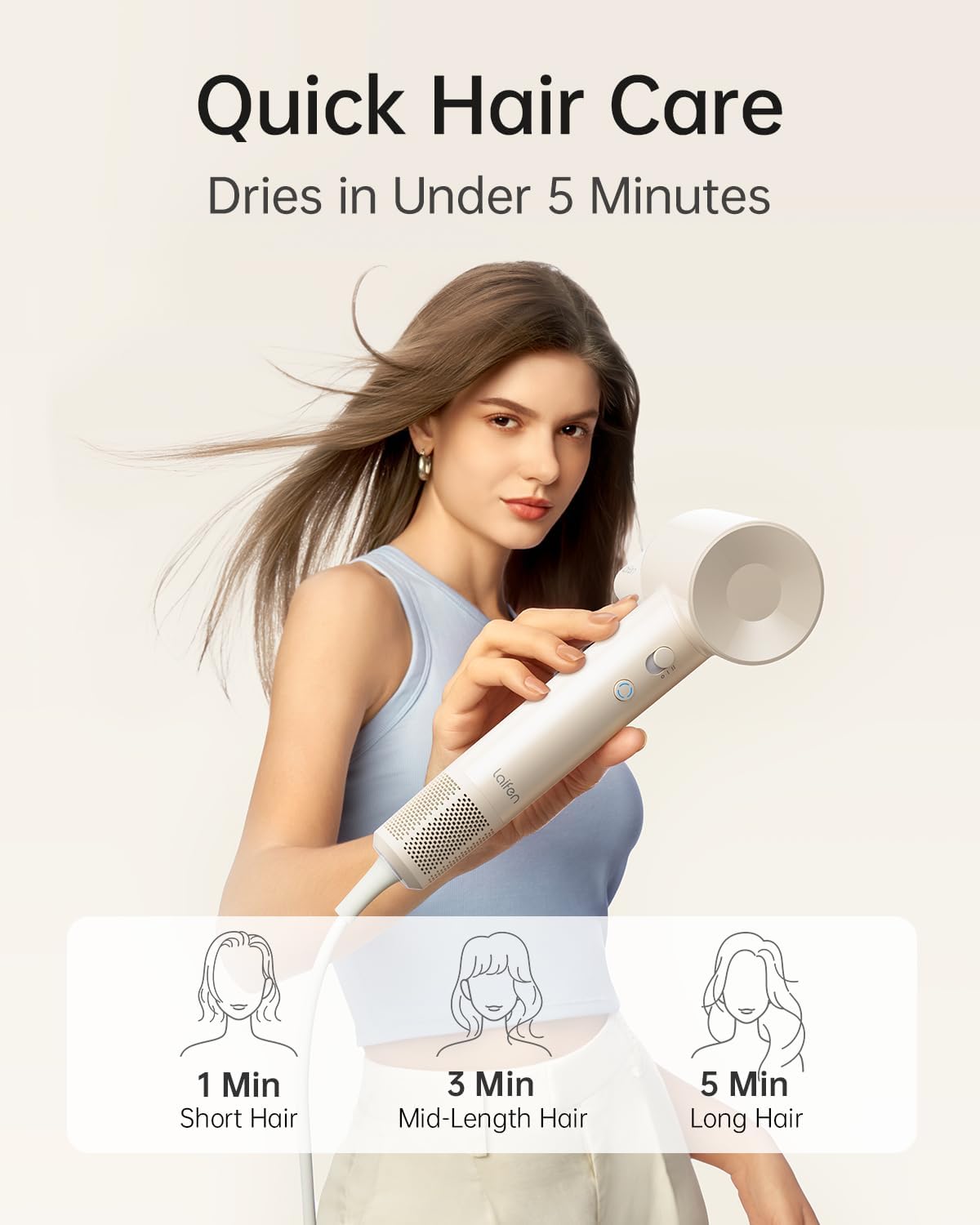 Laifen SE Lite Hair Dryer, Negative Ionic Blow Dryer with 100,000 RPM Brushless Motor for Fast Drying, High-Speed Low Noise Hair Dryer with Lightweight Design and 2 Nozzles Milktea, HD110
