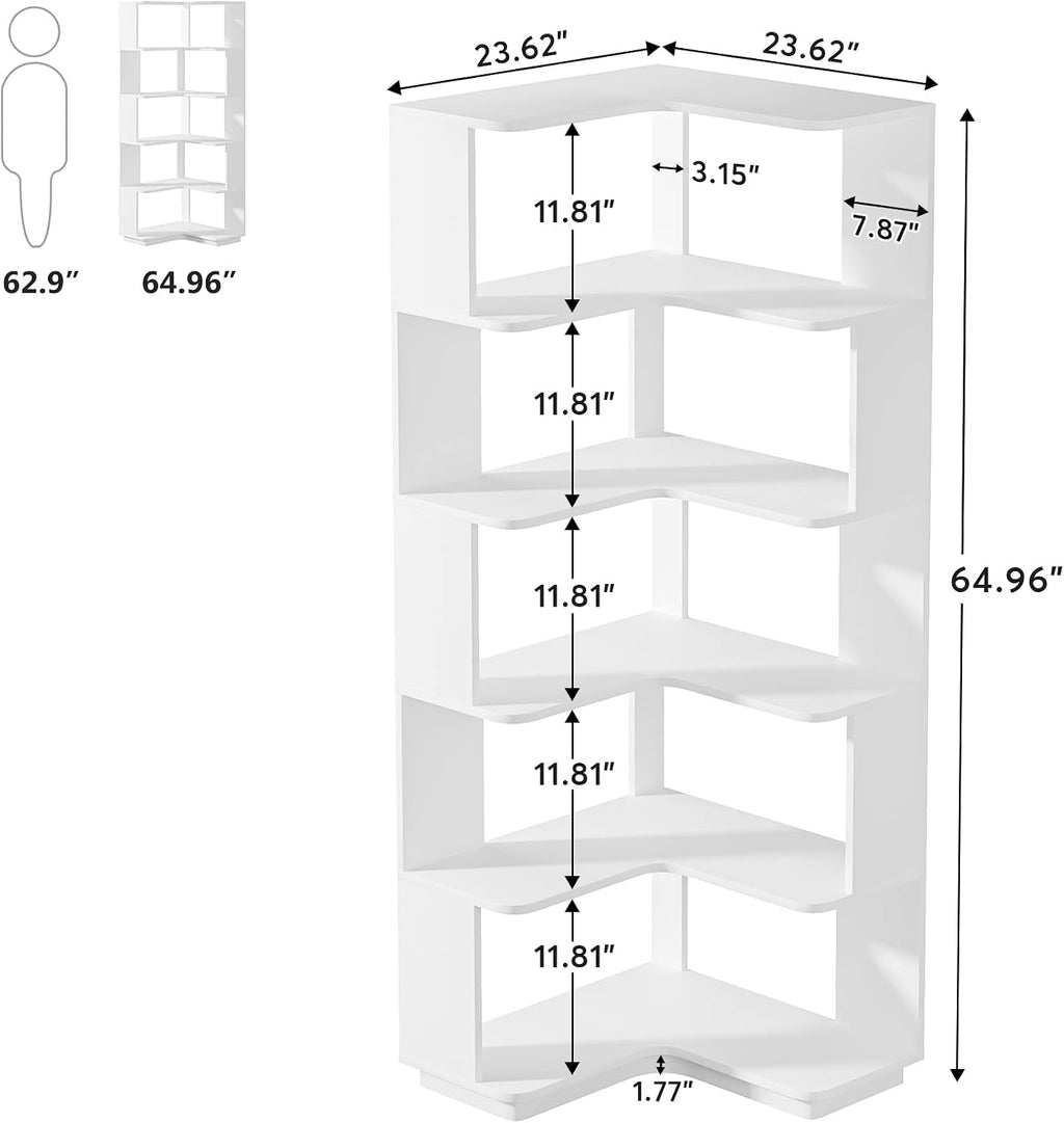 Tribesigns 6-Tier Corner Bookshelf, 64.9 Inches Tall Corner Book Shelf with Anti-Drop Panel, Modern Bookcase with Storage, Wood Display Shelving Unit for Home Office, Living Room, White