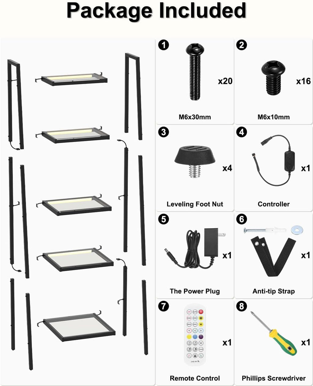 5-Tier Glass Display Shelf with RGB Light, 67' Ladder Bookshelf, Music Sync & 3 CCT, Dimmable App/Remote, Modern Freestanding Corner Storage Rack, Metal Organizer for Living Room Home Office, Black