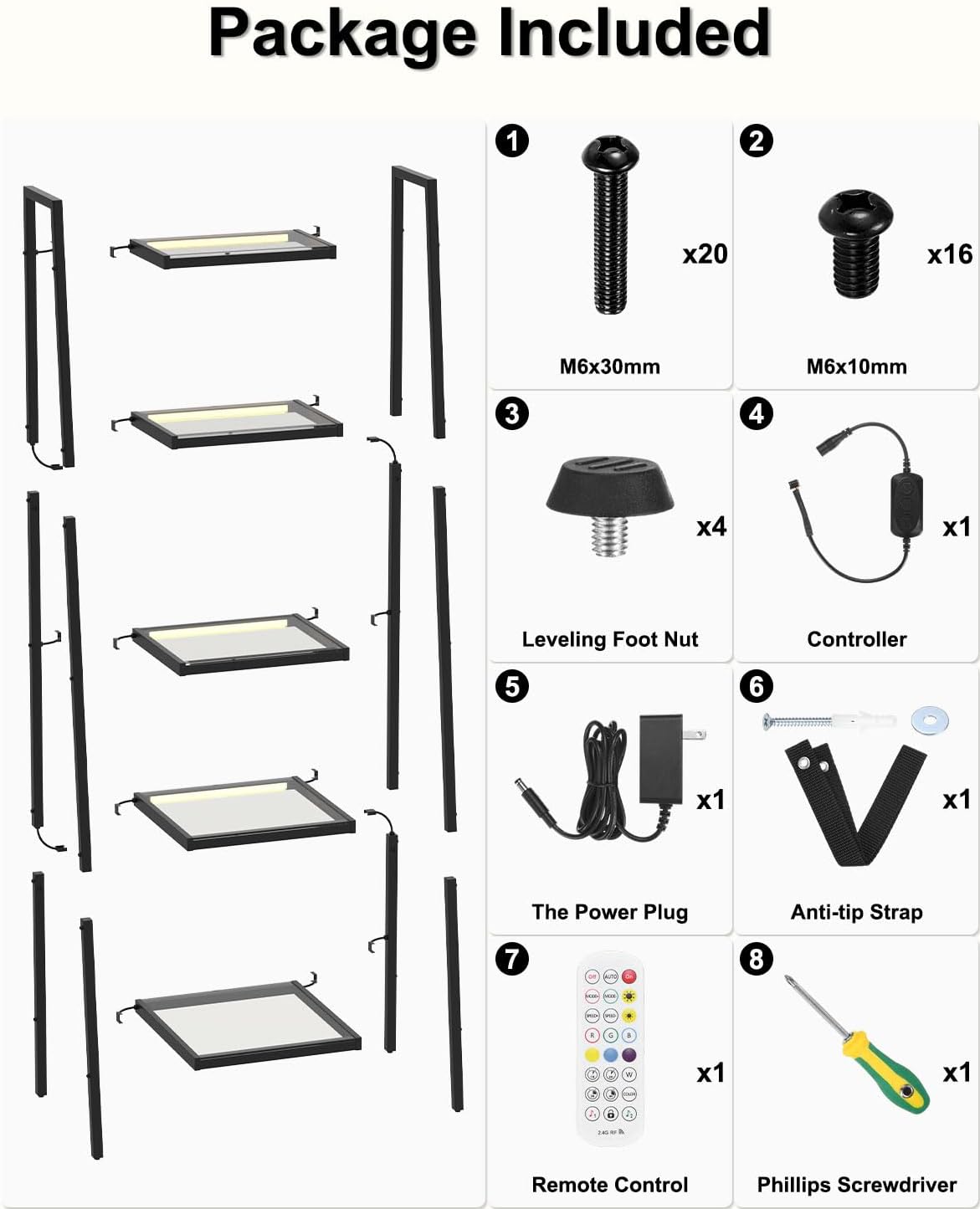 5-Tier Glass Display Shelf with RGB Light, 67' Ladder Bookshelf, Music Sync & 3 CCT, Dimmable App/Remote, Modern Freestanding Corner Storage Rack, Metal Organizer for Living Room Home Office, Black