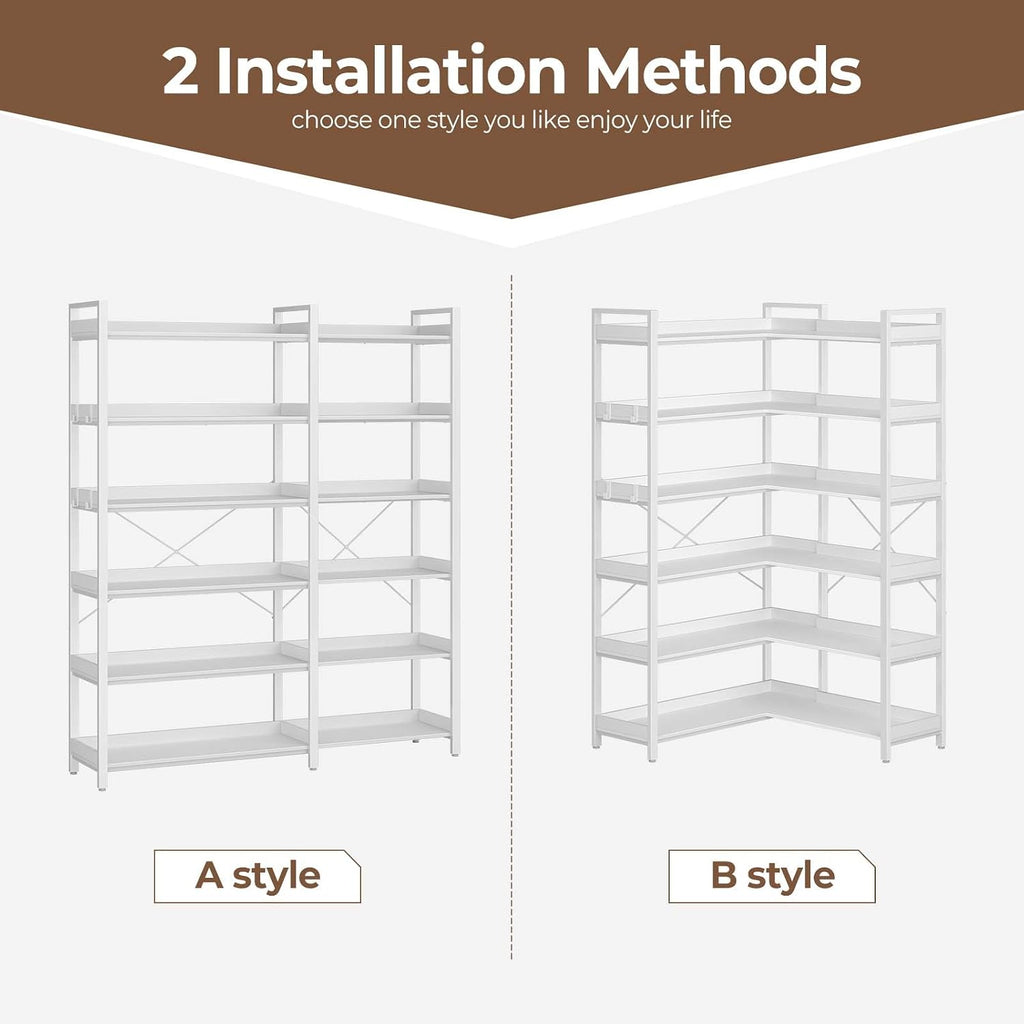 Rolanstar Bookshelf 6 Tier with 4 Hooks, Reversible Corner Bookshelf, 69' Industrial Wooden Bookcase with Open Shelves and Metal Frame for Living Room, Bedroom, Home Office, White