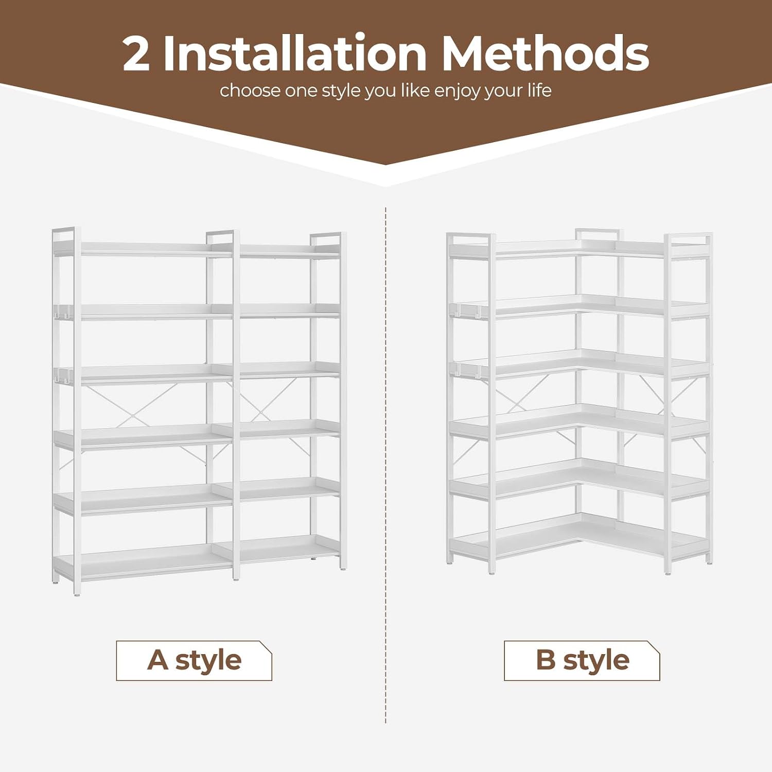 Rolanstar Bookshelf 6 Tier with 4 Hooks, Reversible Corner Bookshelf, 69' Industrial Wooden Bookcase with Open Shelves and Metal Frame for Living Room, Bedroom, Home Office, White