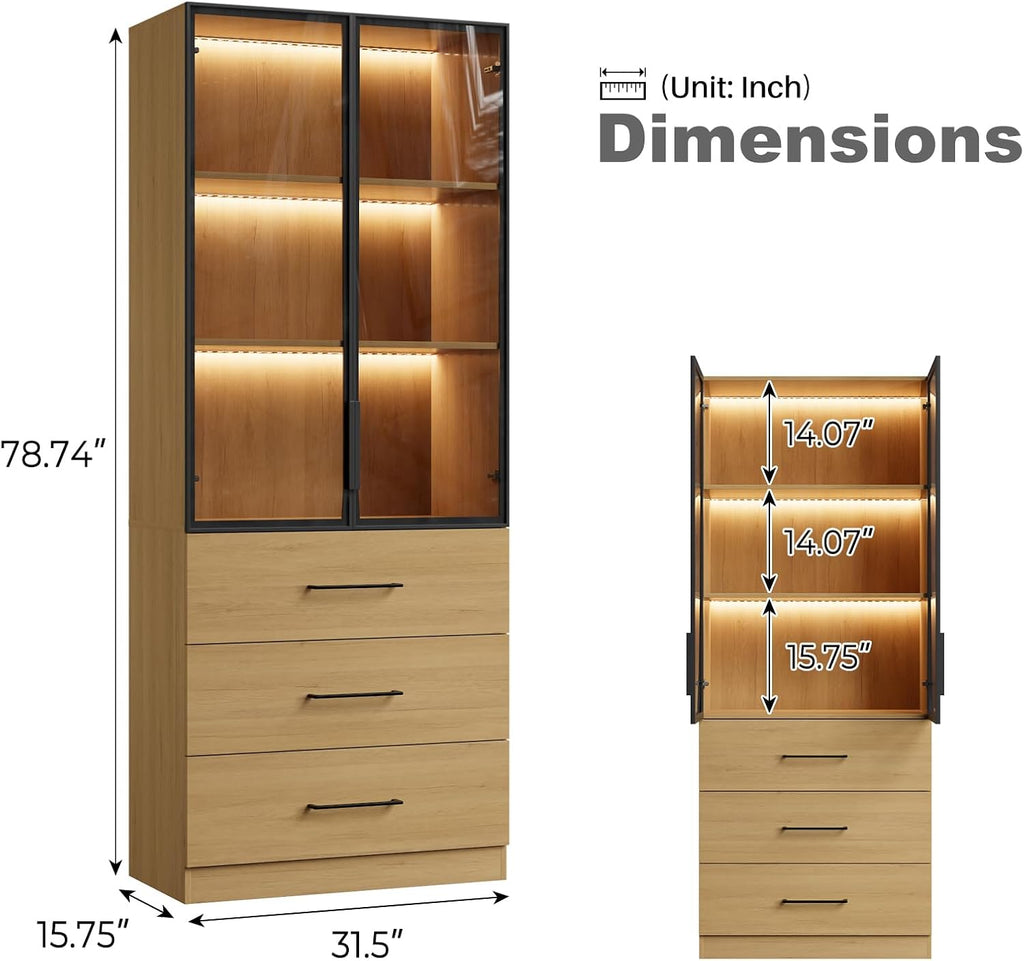 Bobve 78.7' Oak Display Cabinet with 3 Drawers, 3-Tier Storage Cabinet with APP Control LED Lights, Tall Bookcasse Storage Cabinet, LED Display Case for Collectible, Living Room, Office, Kitchen