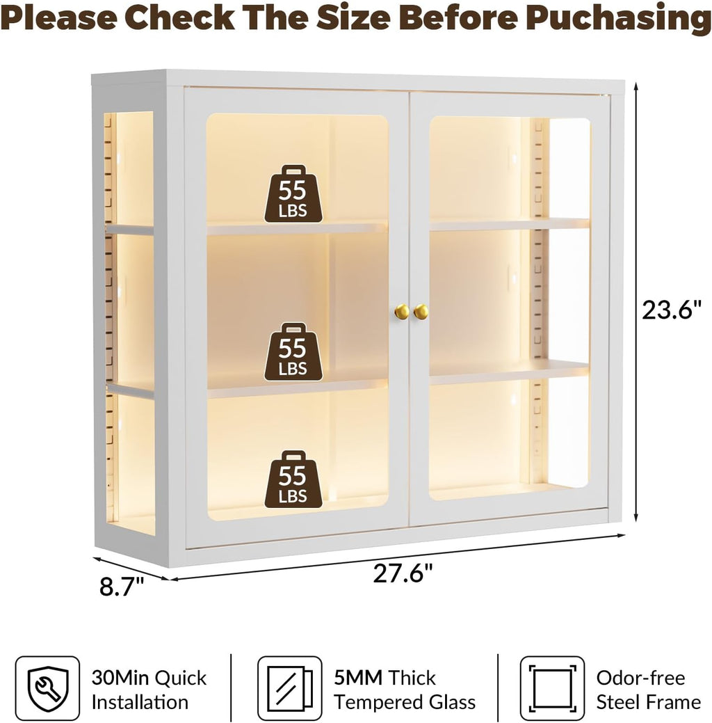 Bathroom Wall Cabinet with 13-Color Light, Wall Mounted 3-Sided Glass Display Cabinet with Adjustable Shelves, Floating Metal Medicine Storage Cabinet for Kitchen Living Room - White
