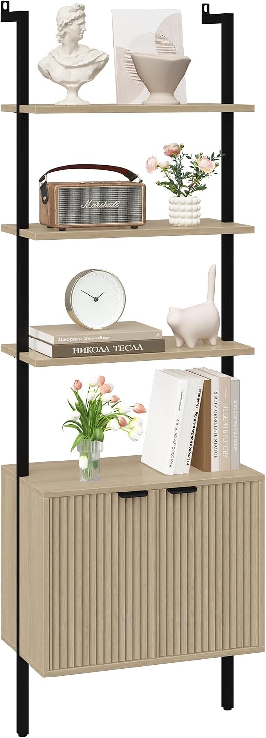 Yusong 73' Tall Bookshelf with Cabinet, Industrial Ladder Wall Mount Shelf Bookcase with Wood and Metal Frame, Plant Shelf Wall Storage Display for Living Room Bedroom, Wavy Light Ivory