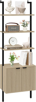 Yusong 73' Tall Bookshelf with Cabinet, Industrial Ladder Wall Mount Shelf Bookcase with Wood and Metal Frame, Plant Shelf Wall Storage Display for Living Room Bedroom, Wavy Light Ivory