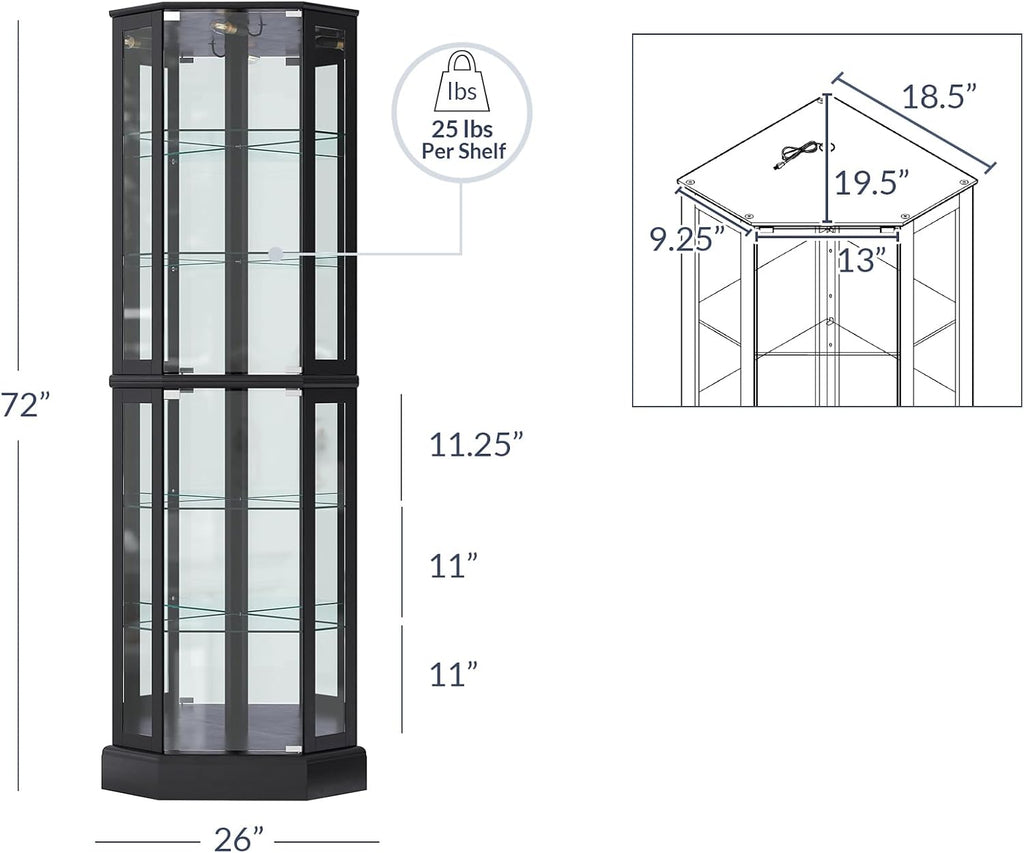 BELLEZE Lighted 3-Side Glass Display Curio Cabinet with Tempered Glass Doors and Shelves, Curved Wood Corner Cabinet with Bulb, Corner Curio Storage Rack for Bar and Liquor Storage - Ashfield (Black)