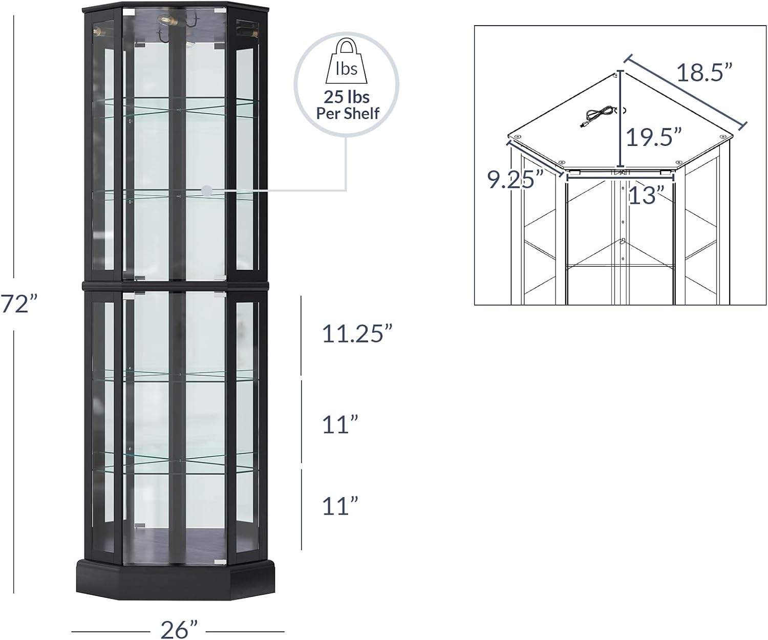 BELLEZE Lighted 3-Side Glass Display Curio Cabinet with Tempered Glass Doors and Shelves, Curved Wood Corner Cabinet with Bulb, Corner Curio Storage Rack for Bar and Liquor Storage - Ashfield (Black)