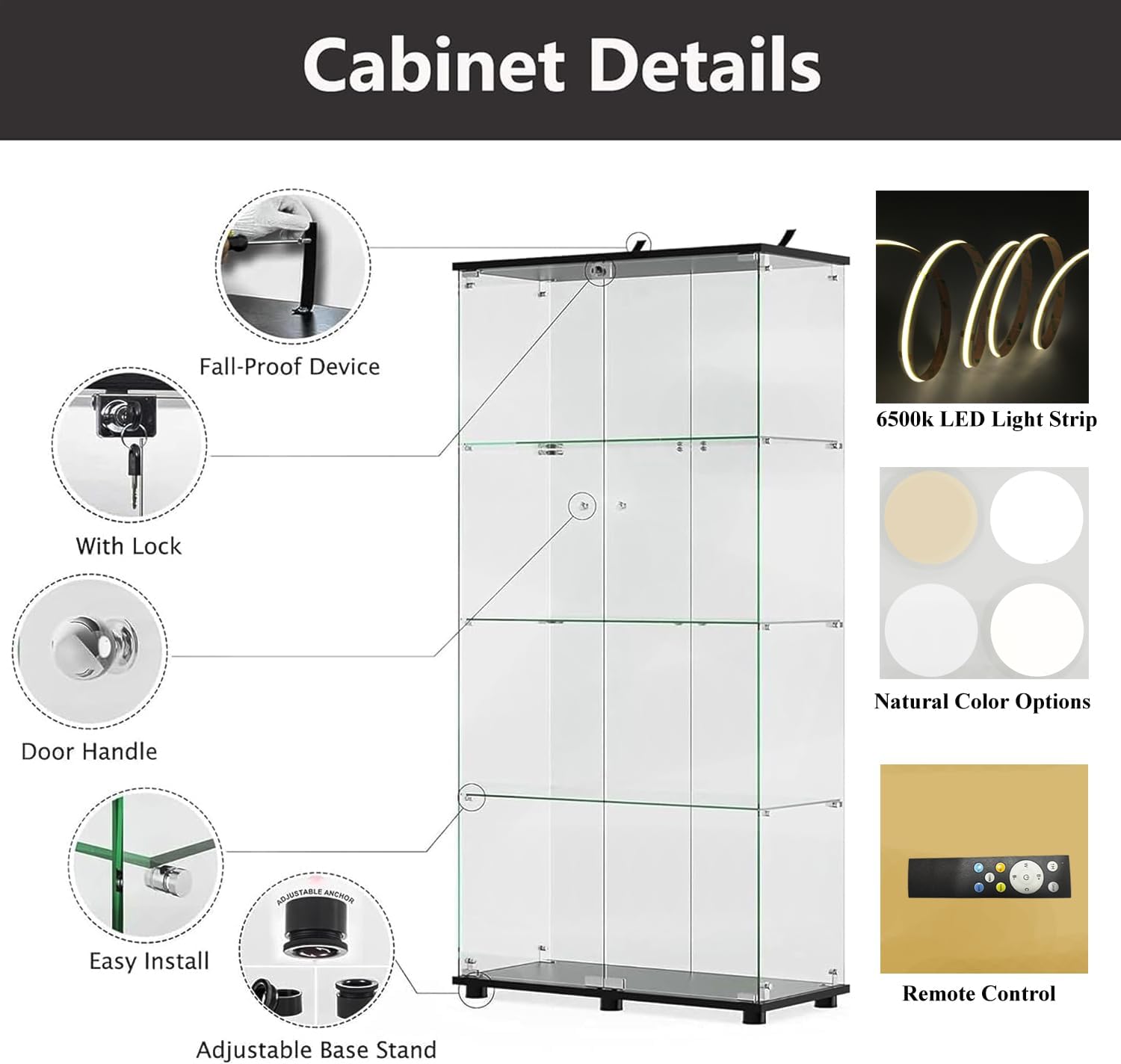 Modern 4-Tier Glass Display Shelf with 2 Doors, Curio Cabinet Collection - Floor Standing Display Case for Living Room, Bedroom, Home Office - 30' W x 14.5' D x 64' H (Black with LED Light Strip)