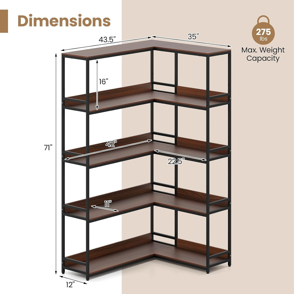 Giantex 5-Tier Corner Bookshelf, 71' L-Shaped Bookcase, Tall Etagere Bookshelf with Metal Frame, Industrial Open Display Shelf, Vertical Storage Rack for Living Room, Study, Office (Walnut)