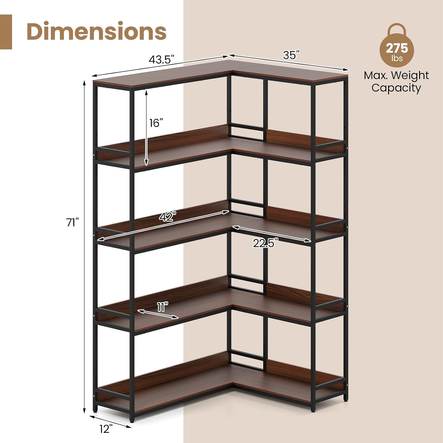 Giantex 5-Tier Corner Bookshelf, 71' L-Shaped Bookcase, Tall Etagere Bookshelf with Metal Frame, Industrial Open Display Shelf, Vertical Storage Rack for Living Room, Study, Office (Walnut)