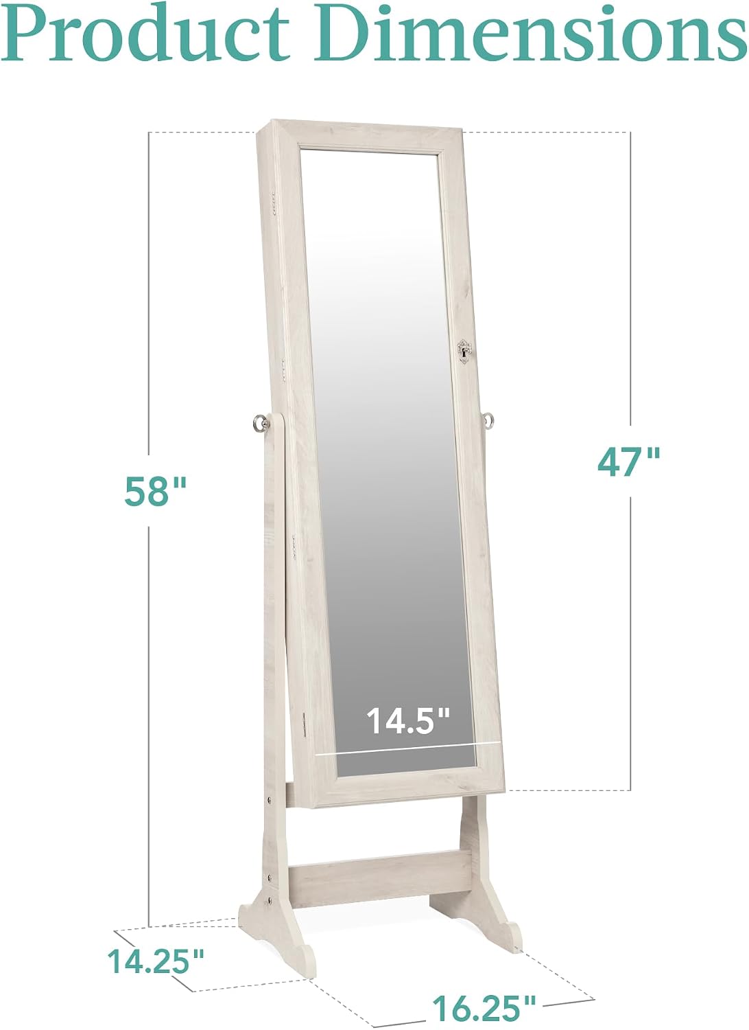 Best Choice Products Freestanding Jewelry Armoire Cabinet, Full Length Standing Mirror, Lockable Makeup Storage Organizer, w/Velvet Lining, 3 Angles, Lock, Accessory Pouch, 5 Shelves - Coastal White