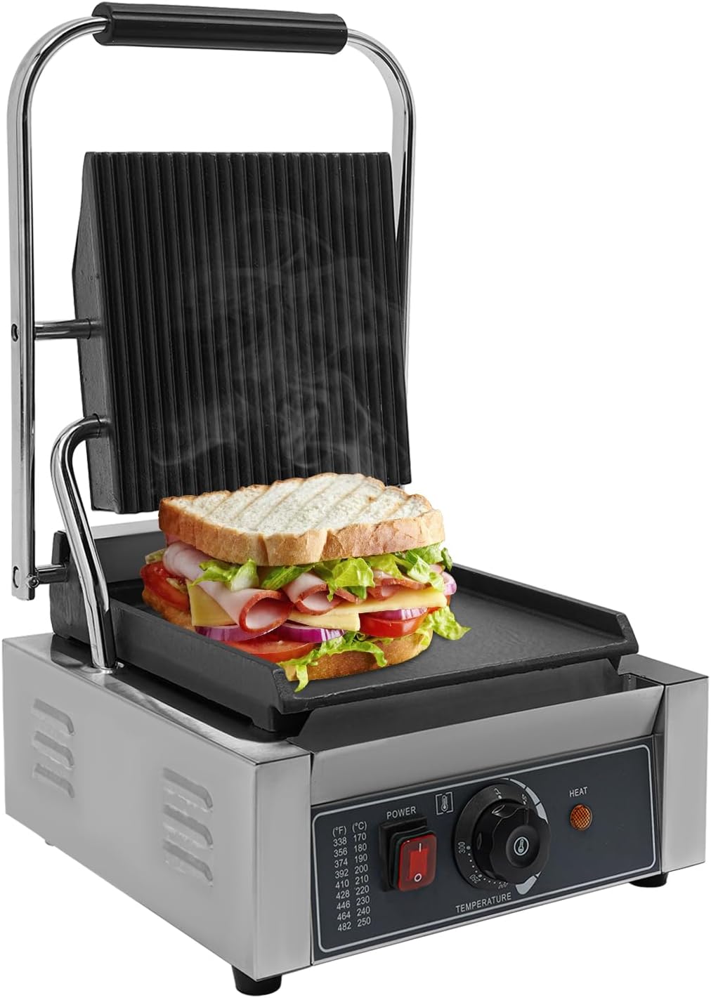 Commercial Panini Sandwich Contact Grill, 1800W Electric Sandwich Panini Maker, 8.8' x 9.2' Cast Iron Panini Press with Grooved Plates & Temp Control, for Hamburgers, Chicken, Beef
